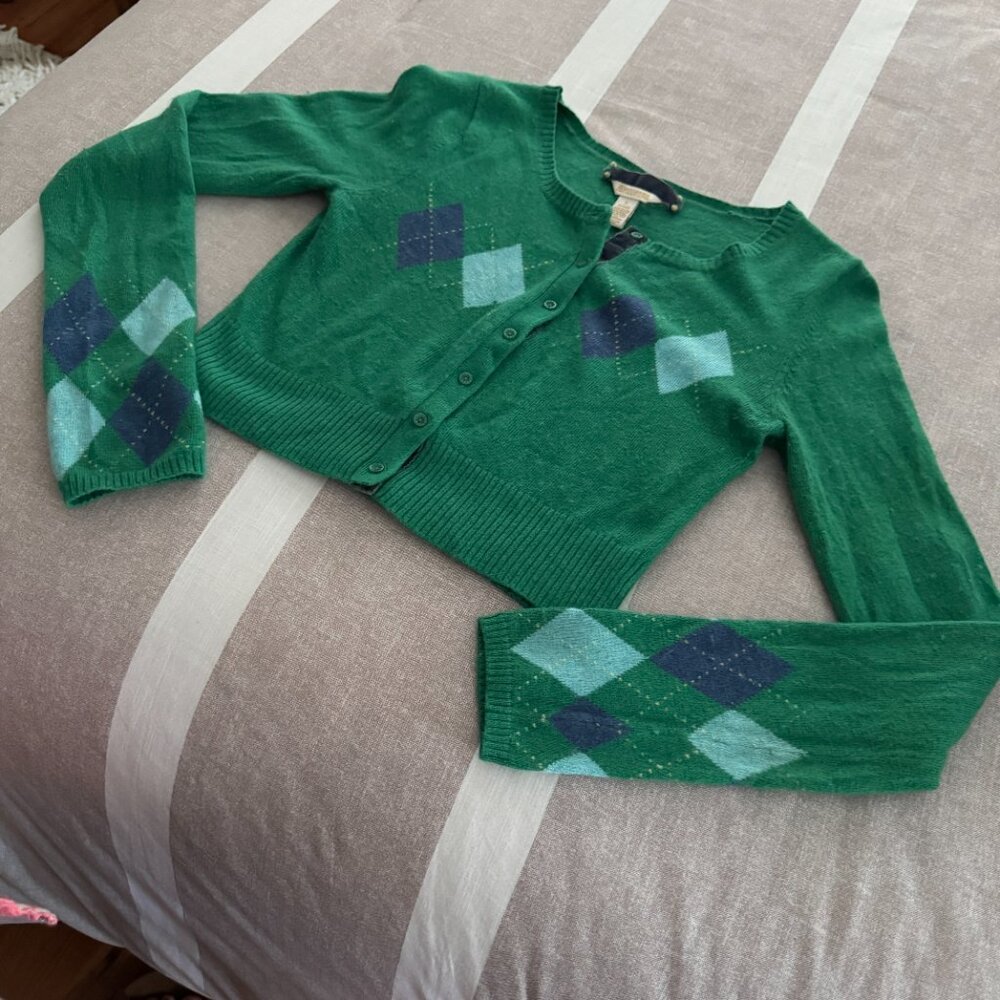 RARE Vintage-Inspired A&F Green Argyle Cropped Cardigan Preppy Y2K Vibes! Size L - Picture 2 of 5